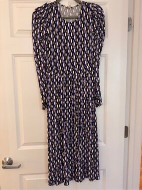 Boden Purple Navy Cream Geometric Long Sleeve Midi Dress